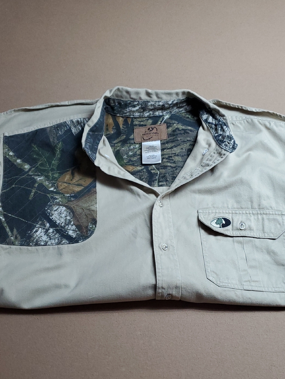 Mossy Oak Tan Button-Up Shirt with Camo Panels